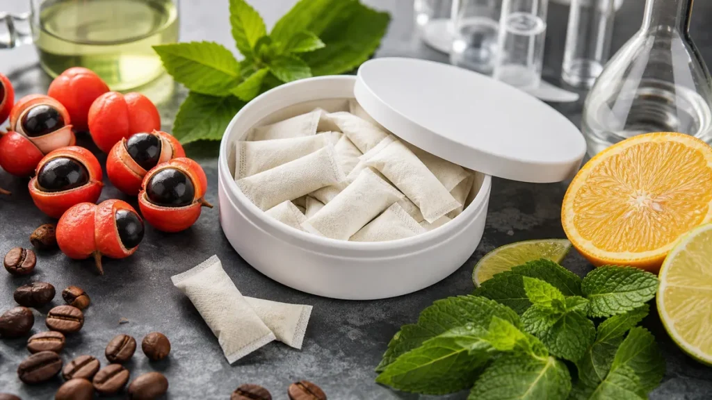 Realistic energy oral pouches with guarana and coffee