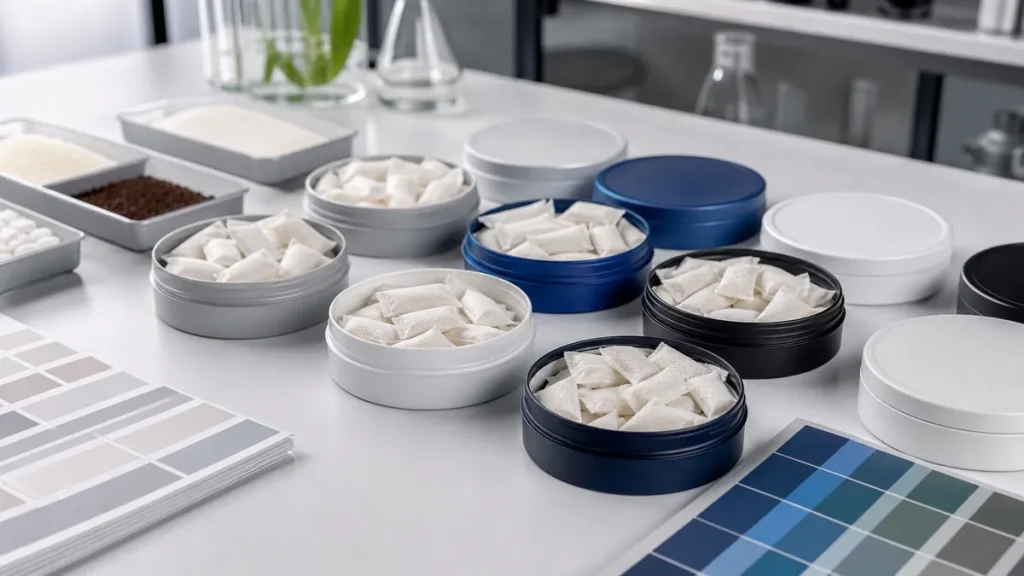 Realistic oral pouch packaging strategy tins