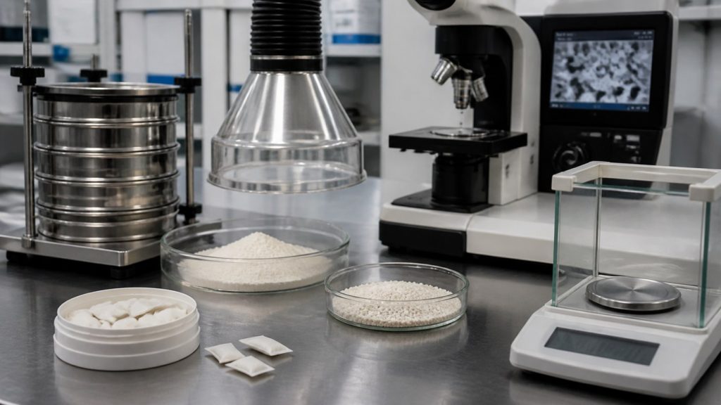 Caffeine particle size and dust control for oral pouch production