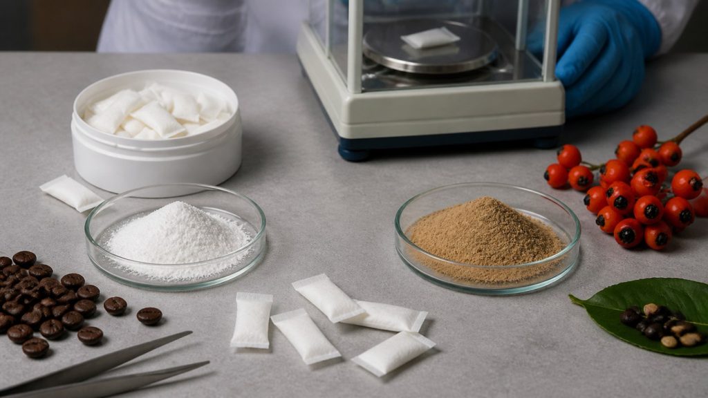 Caffeine anhydrous and guarana extract comparison for oral pouch manufacturing