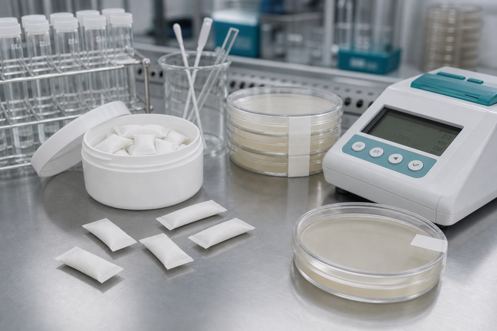 Microbiological quality testing for semi-moist functional oral pouches