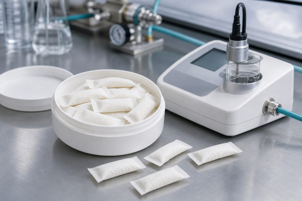 Residual oxygen testing after nitrogen flushing oral pouch cans
