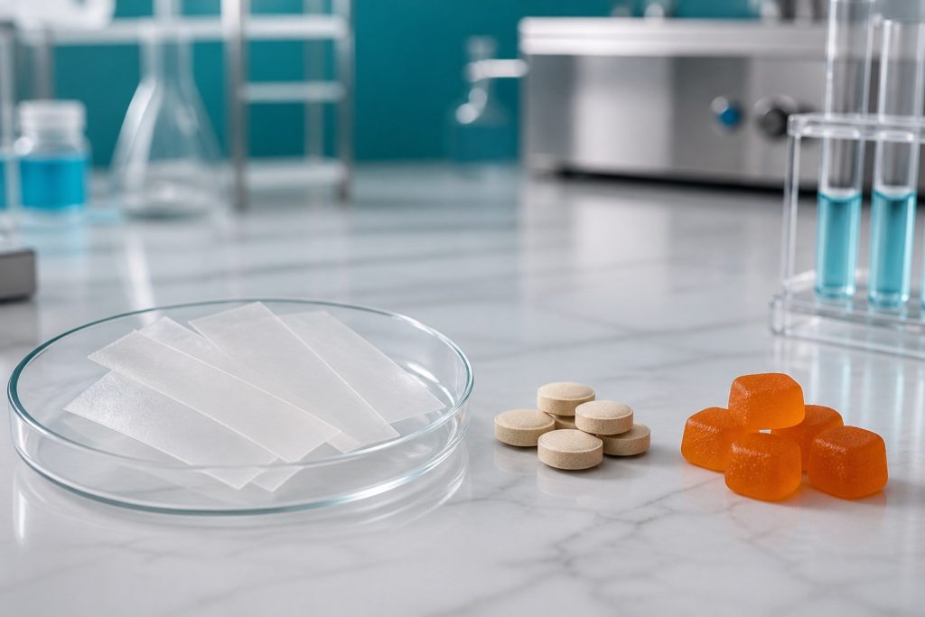 Orodispersible film strips compared with gummies and supplement tablets