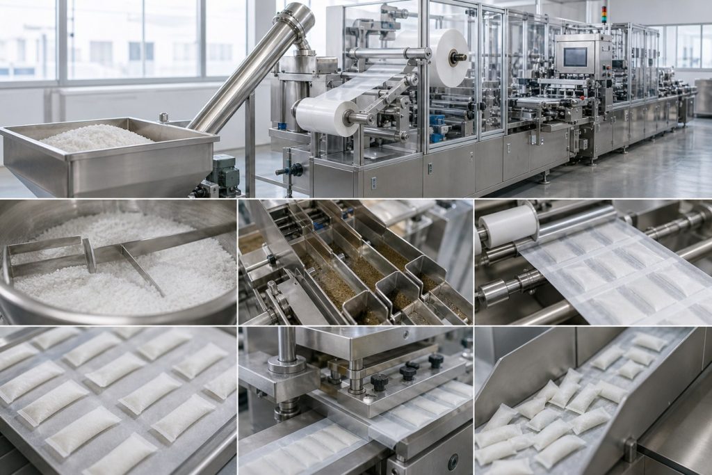 Functional oral pouch manufacturing line with blending filling sealing and inspection
