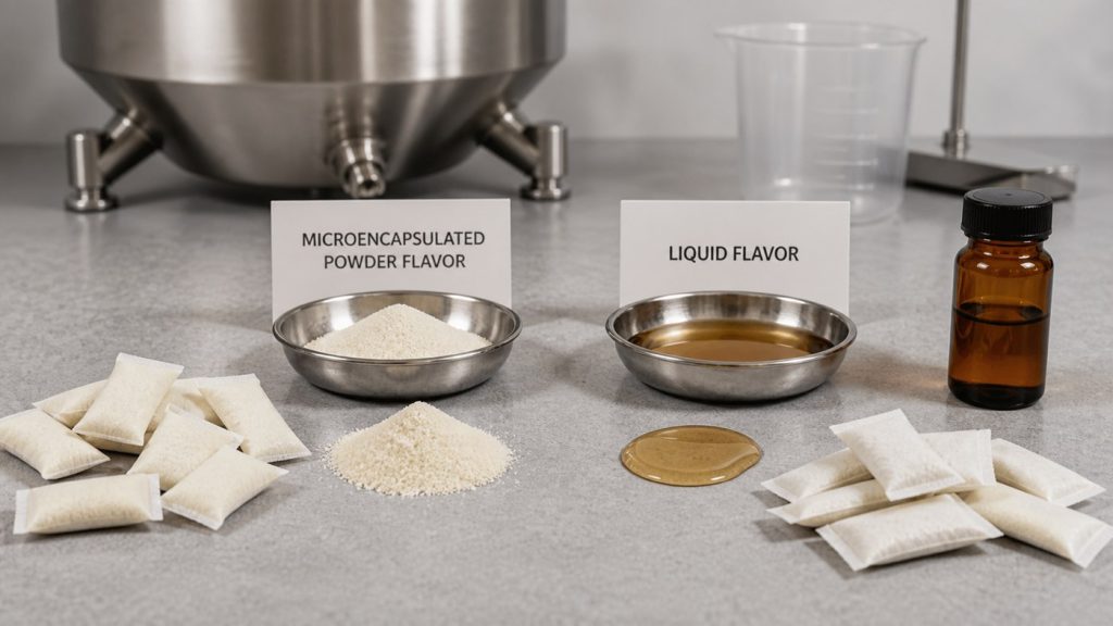 Microencapsulated powder and liquid flavor comparison for oral pouch manufacturing