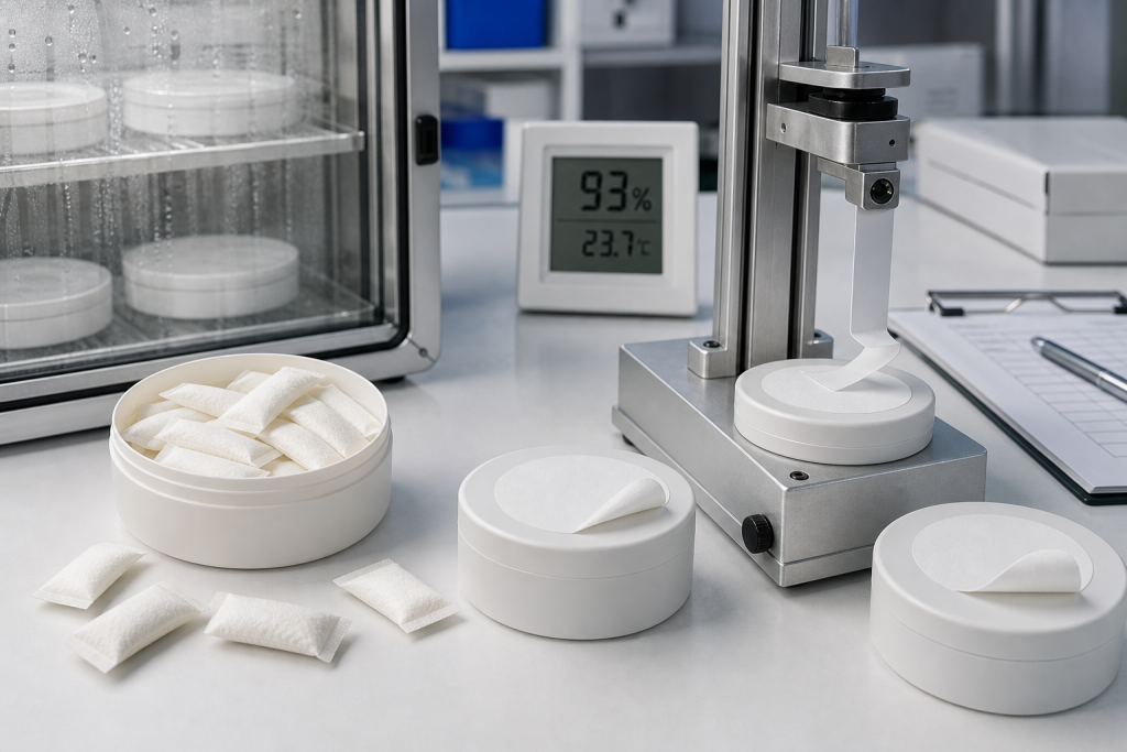 Humidity and peel testing for oral pouch can labels
