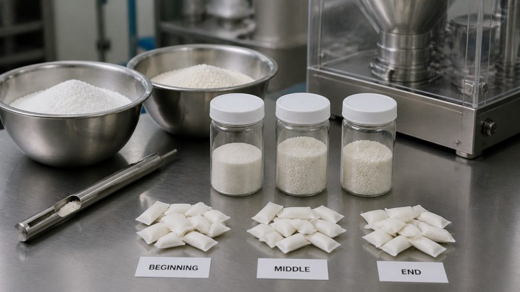 Low-dose oral pouch powder segregation and production sampling