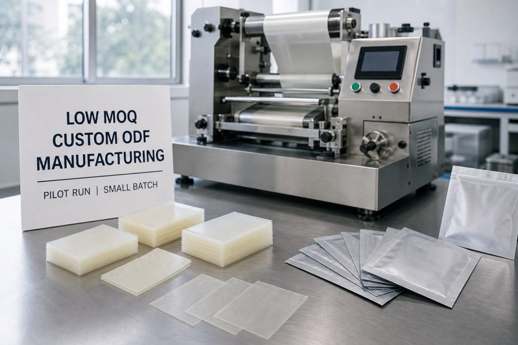 Low MOQ custom ODF pilot manufacturing with translucent film strips and sachets