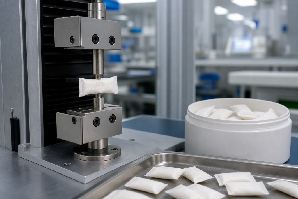 Seal strength testing of slim functional oral pouches in an OEM factory