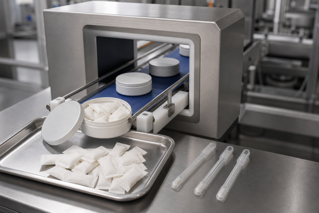 Metal detection check on a functional oral pouch packaging line