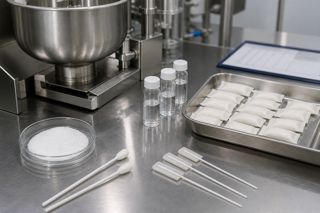 Caffeine residue cleaning validation on an oral pouch line