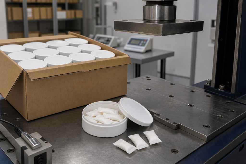 Shipping case compression validation for oral pouch OEM cans