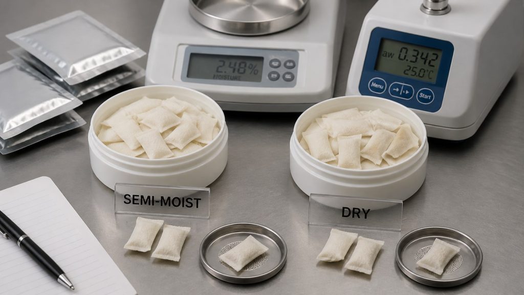 Semi-moist versus dry oral pouch shelf life testing