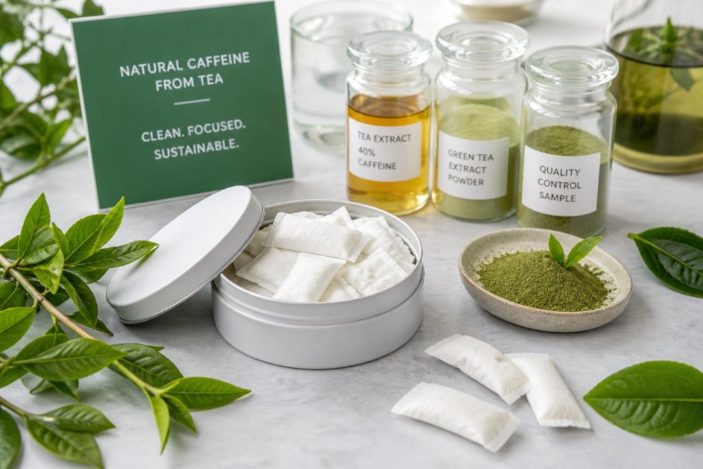 Tea derived caffeine oral pouches with green tea leaves and quality samples