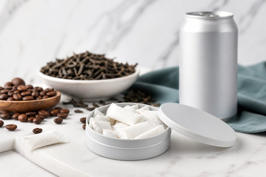 Functional oral pouches with coffee ingredients and an unbranded beverage can