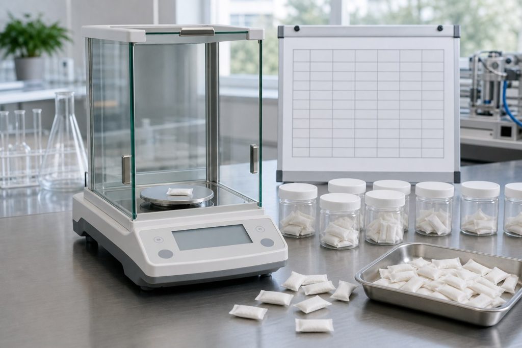 Functional oral pouch dose consistency testing with precision balance and quality samples