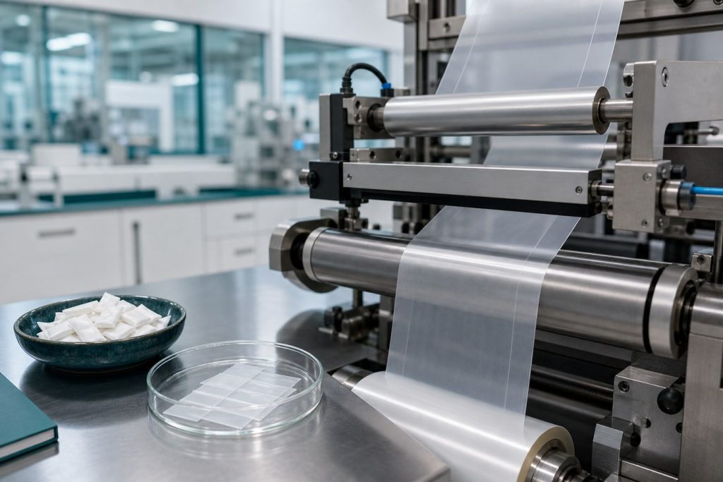 ODF film thickness control with micrometer coating web and translucent strips