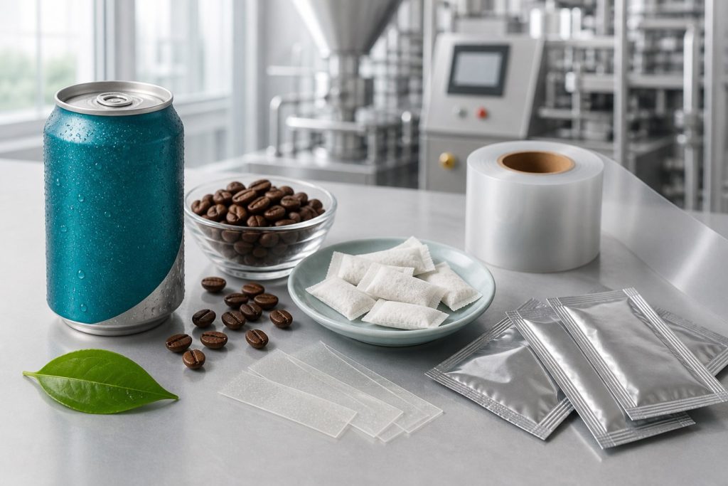 Caffeine ODF strips with coffee ingredients beverage can and unit dose sachets