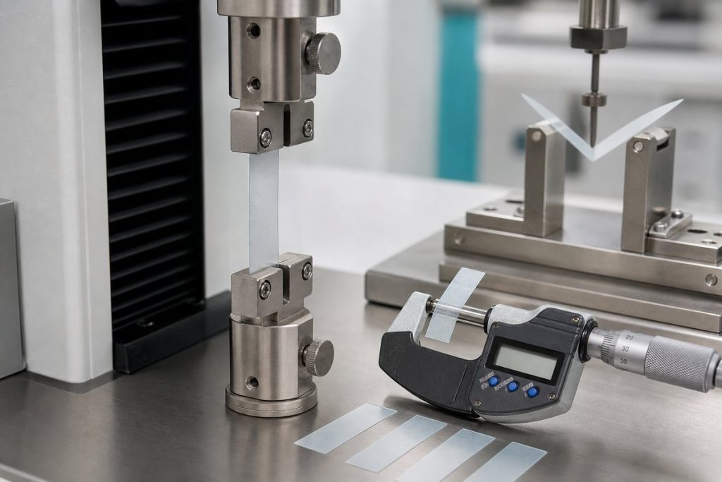 Orodispersible film tensile bending and thickness testing in a laboratory