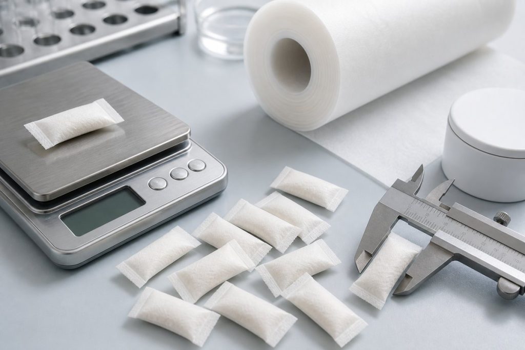 Oral pouch material fill weight and dimensions measured during quality control