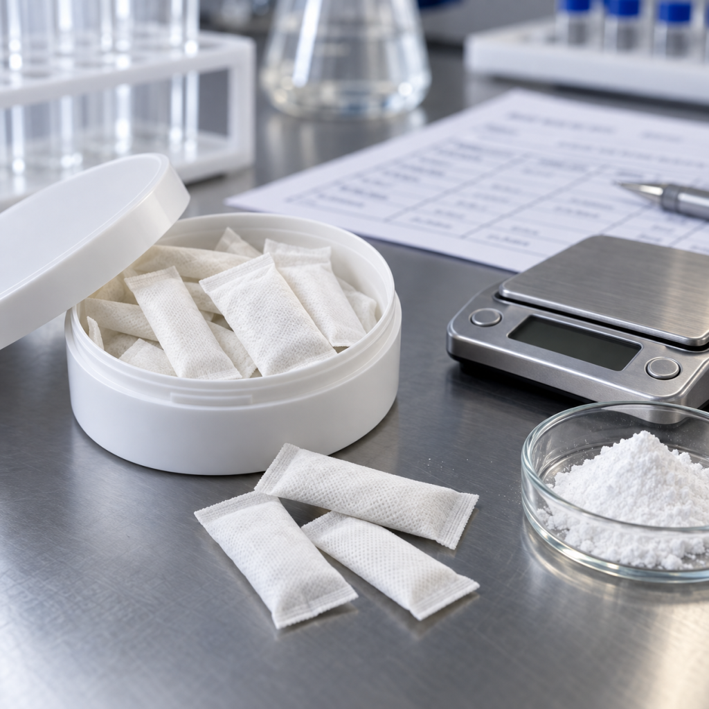 Caffeine oral pouch samples with precision scale and dosage planning worksheet
