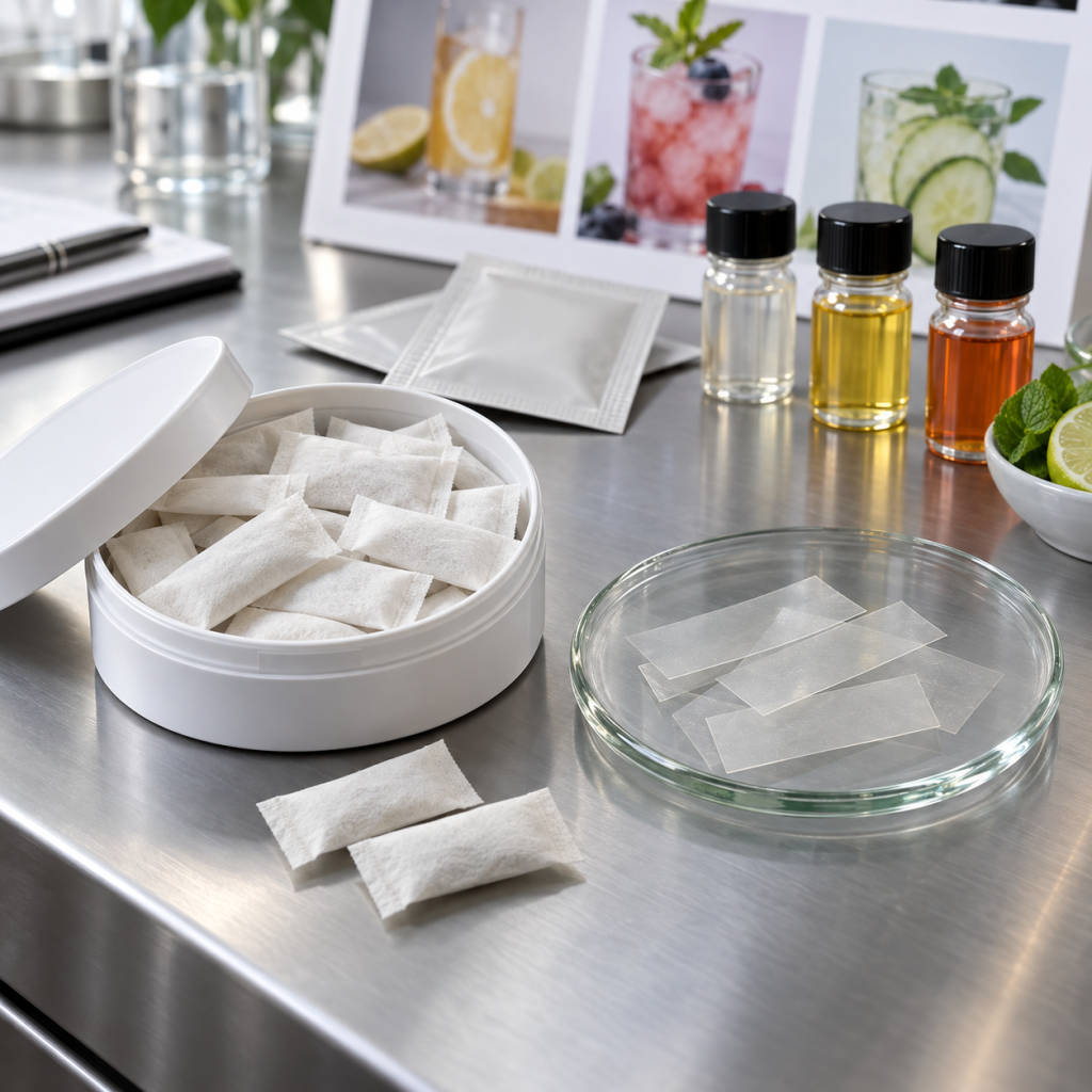 Functional oral pouches and ODF strips on a product development bench