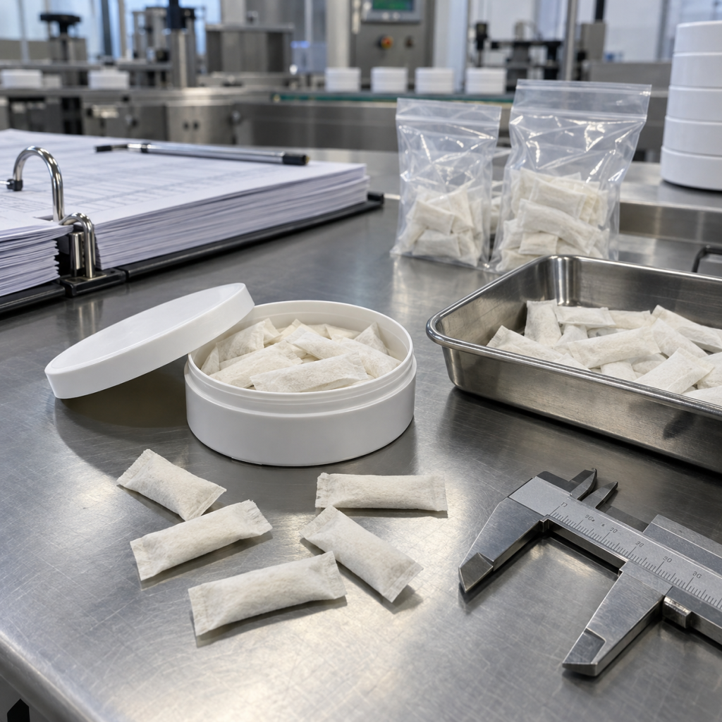 Oral pouch batch release samples with QC record binder and inspection tools