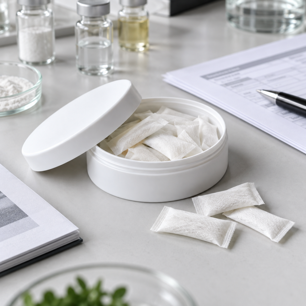 White functional oral pouches with RFQ specification sheets and sample materials
