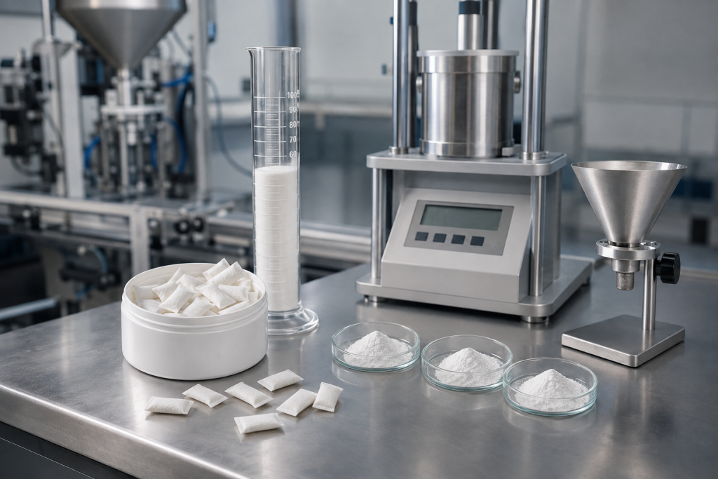 Powder flowability and bulk density testing for oral pouch filling