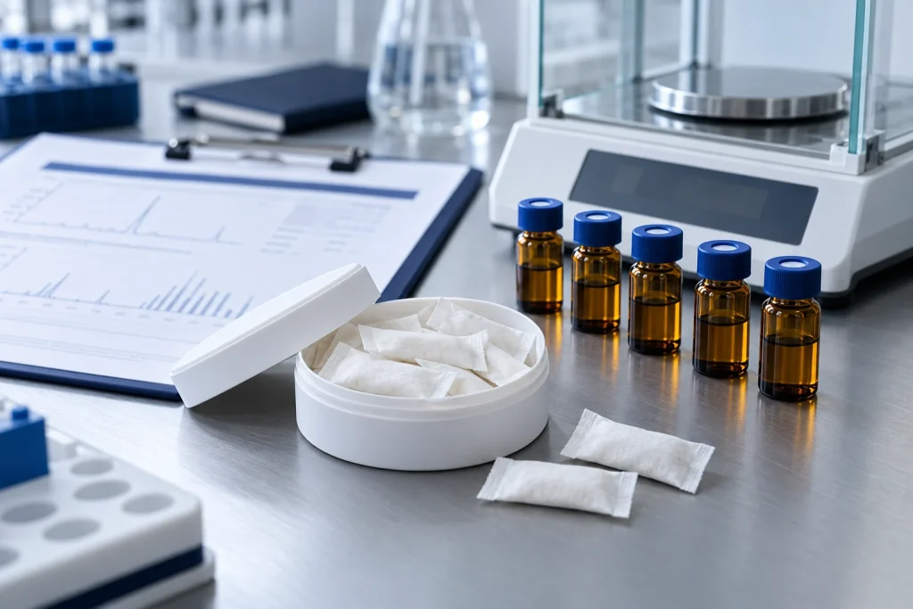 AI-generated illustration of oral pouch samples, analytical vials and a laboratory report