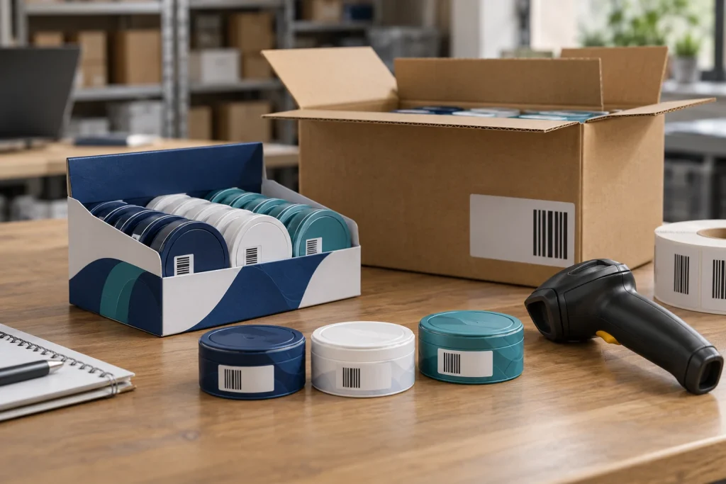 AI-generated illustration of oral pouch cans, a display carton, a shipping case and a barcode scanner