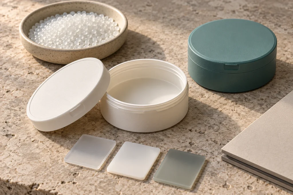 AI-generated concept of empty oral pouch cans, polymer pellets and material sample plaques