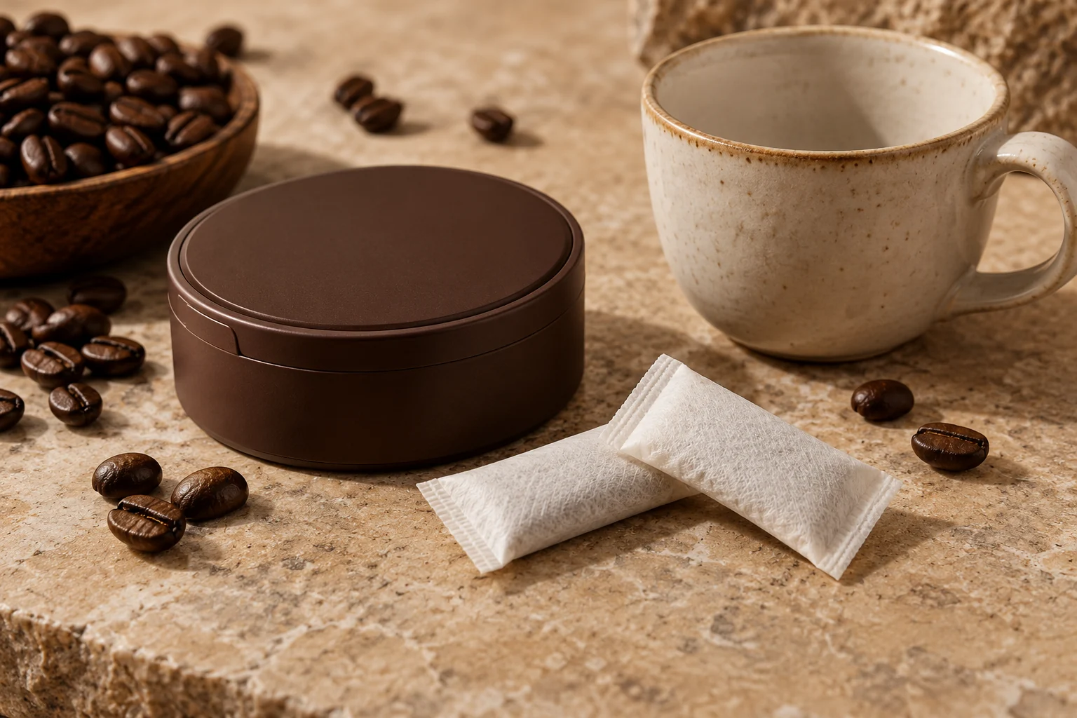 Editorial concept of slim white nonwoven coffee pouches beside unbranded packaging