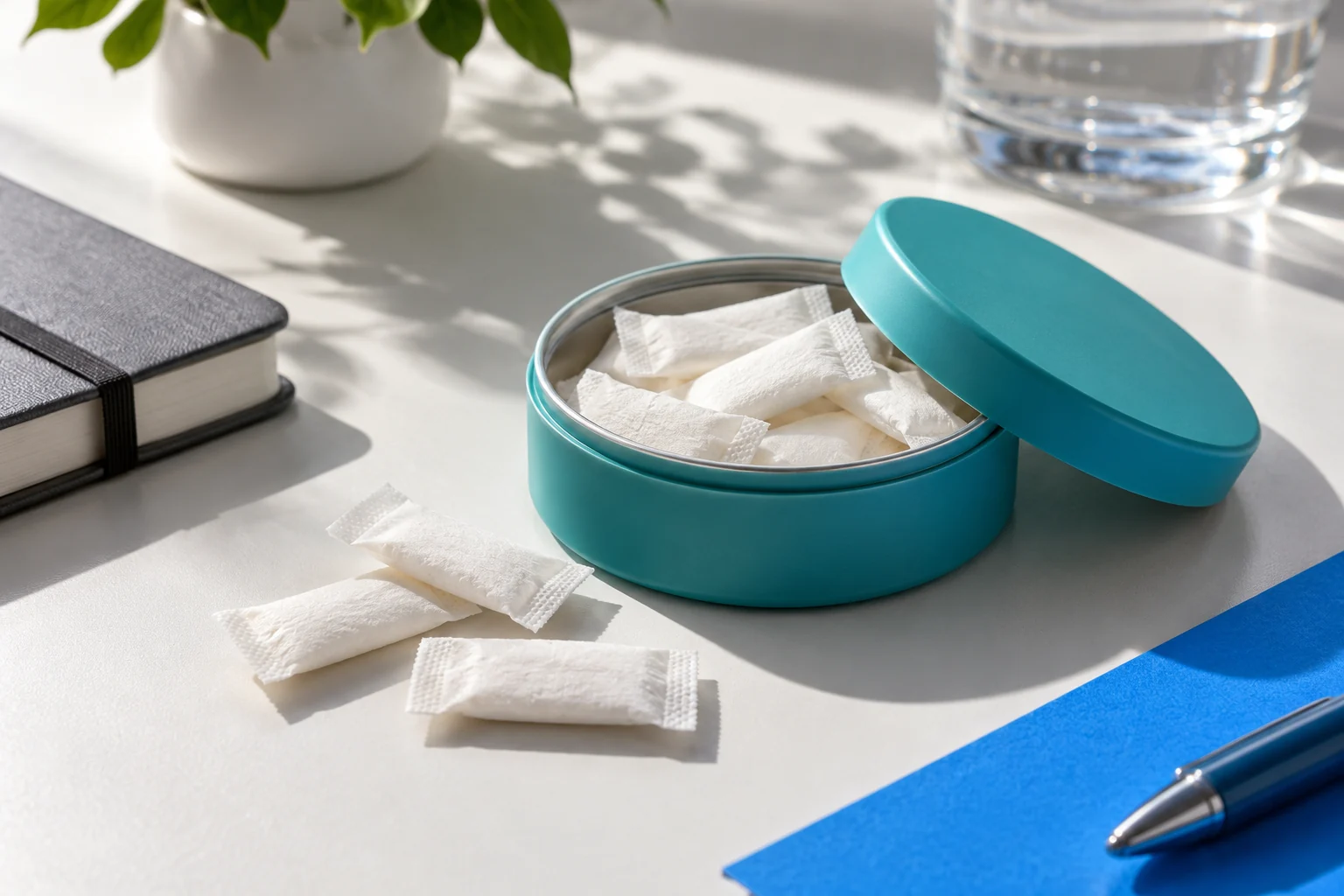 Editorial concept of slim white nonwoven energy pouches beside unbranded packaging