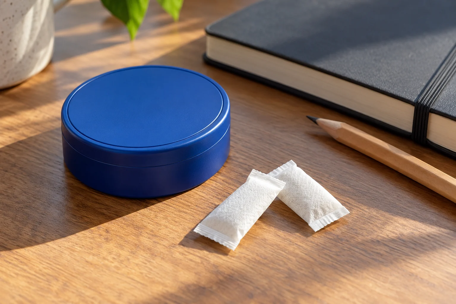 Editorial concept of slim white nonwoven focus pouches beside unbranded packaging