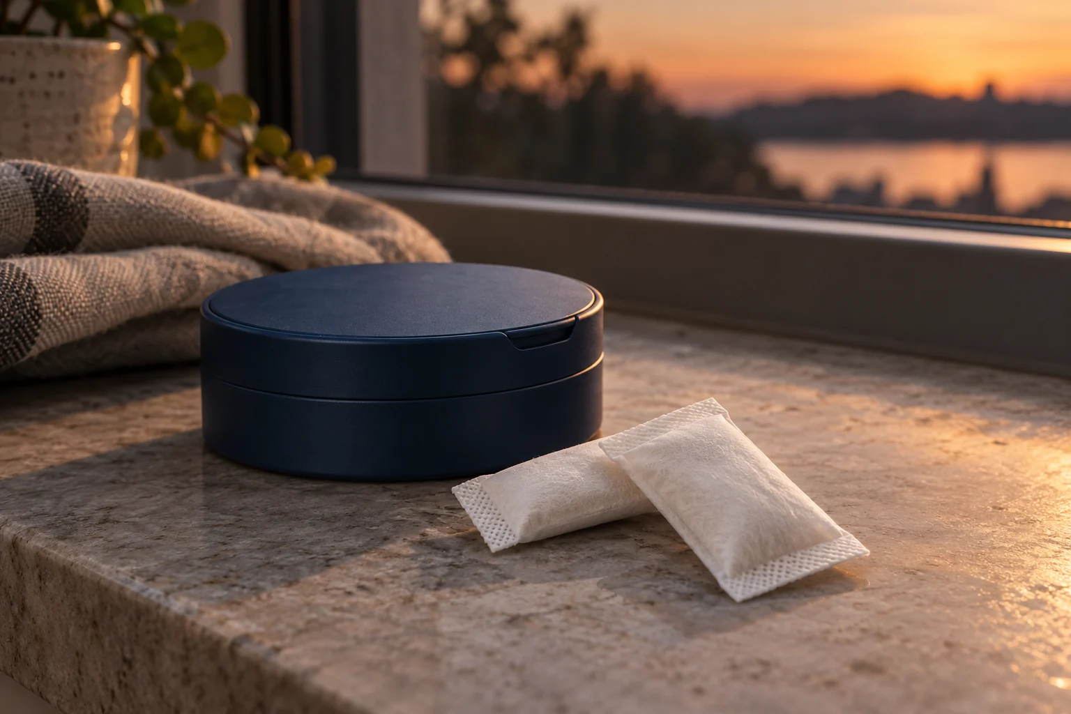 Editorial concept of slim white nonwoven melatonin pouches beside unbranded packaging
