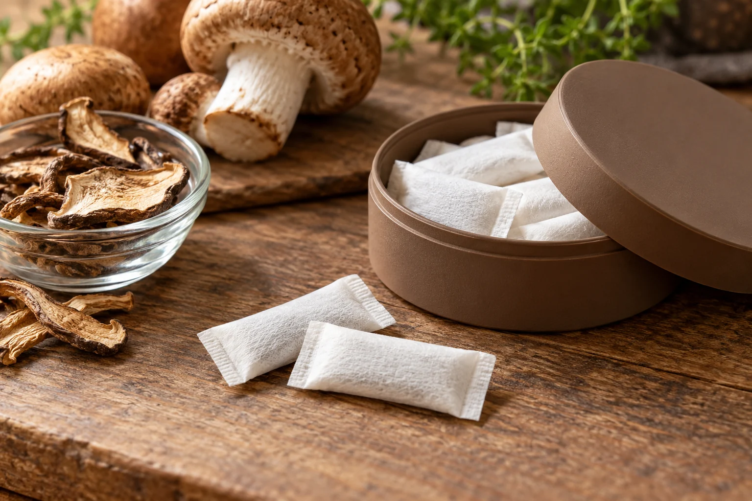 Editorial concept of slim white nonwoven mushroom pouches beside unbranded packaging