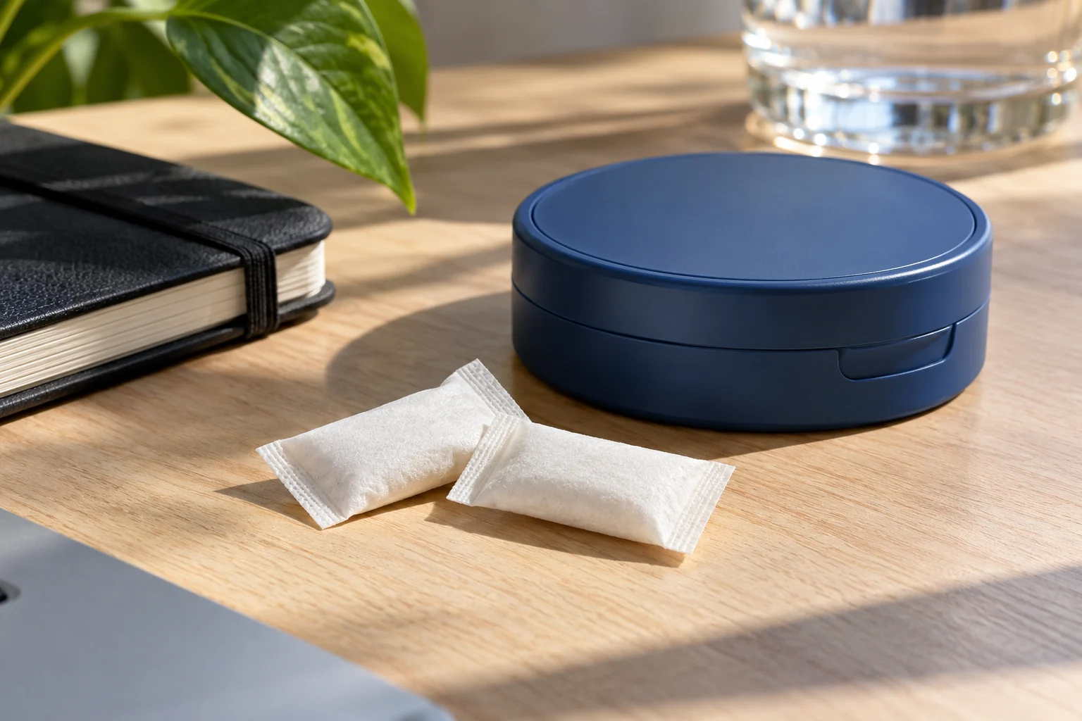 Editorial concept of slim white nonwoven nootropic pouches beside unbranded packaging