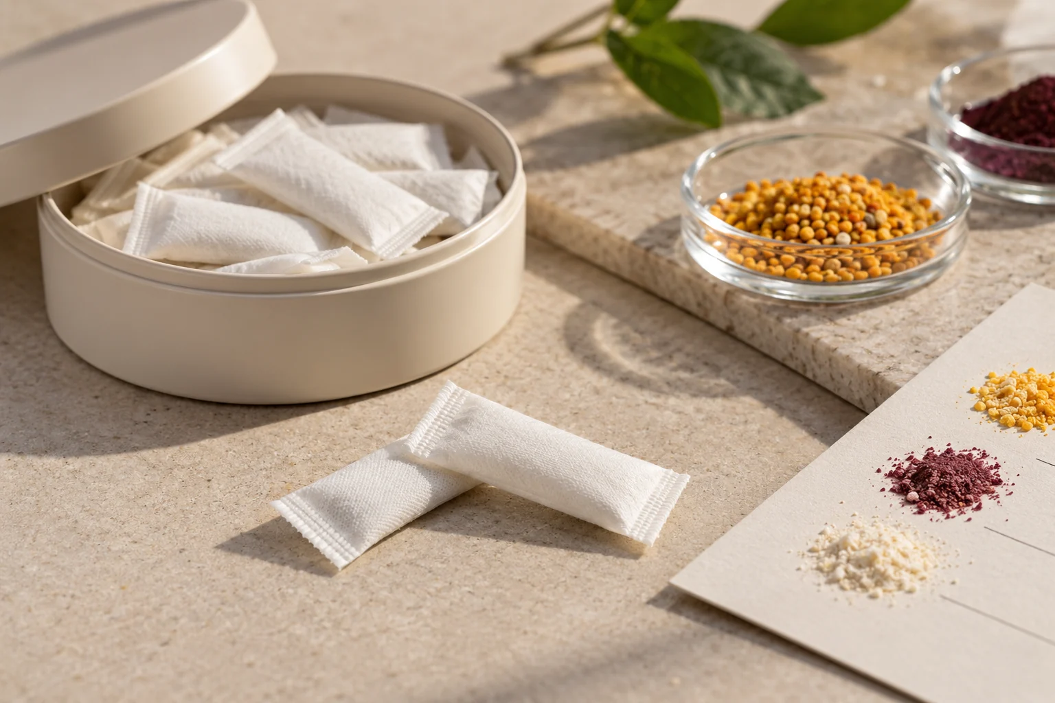 Editorial concept of slim white nonwoven nutritional pouches beside unbranded packaging