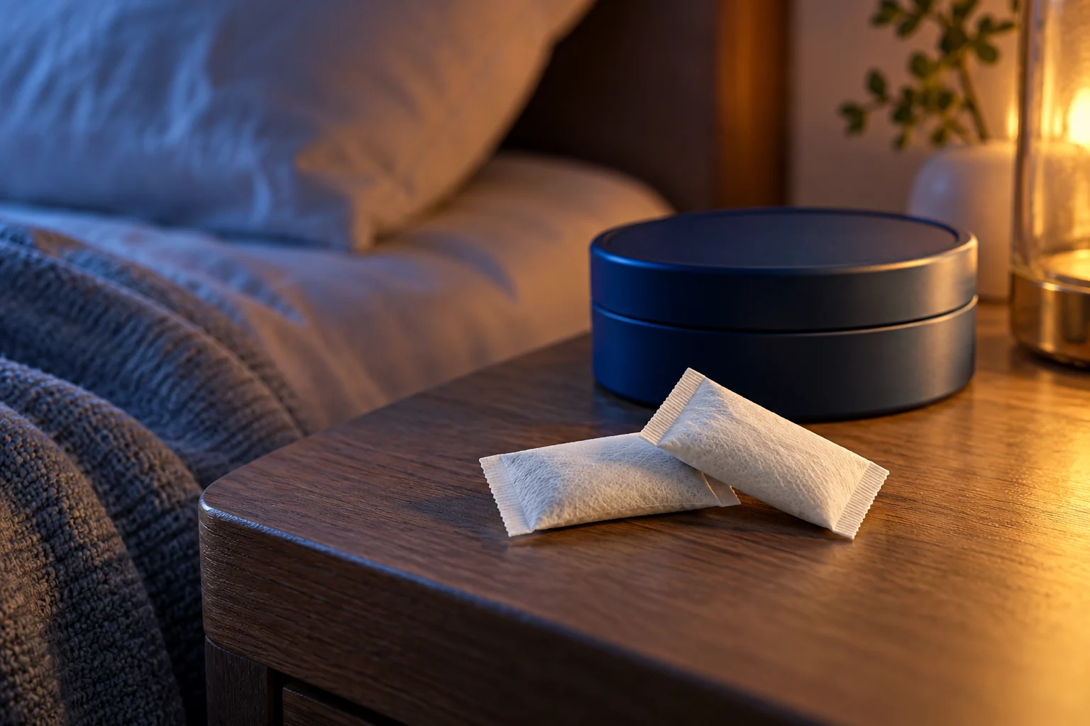 Editorial concept of slim white nonwoven sleep pouches beside unbranded packaging