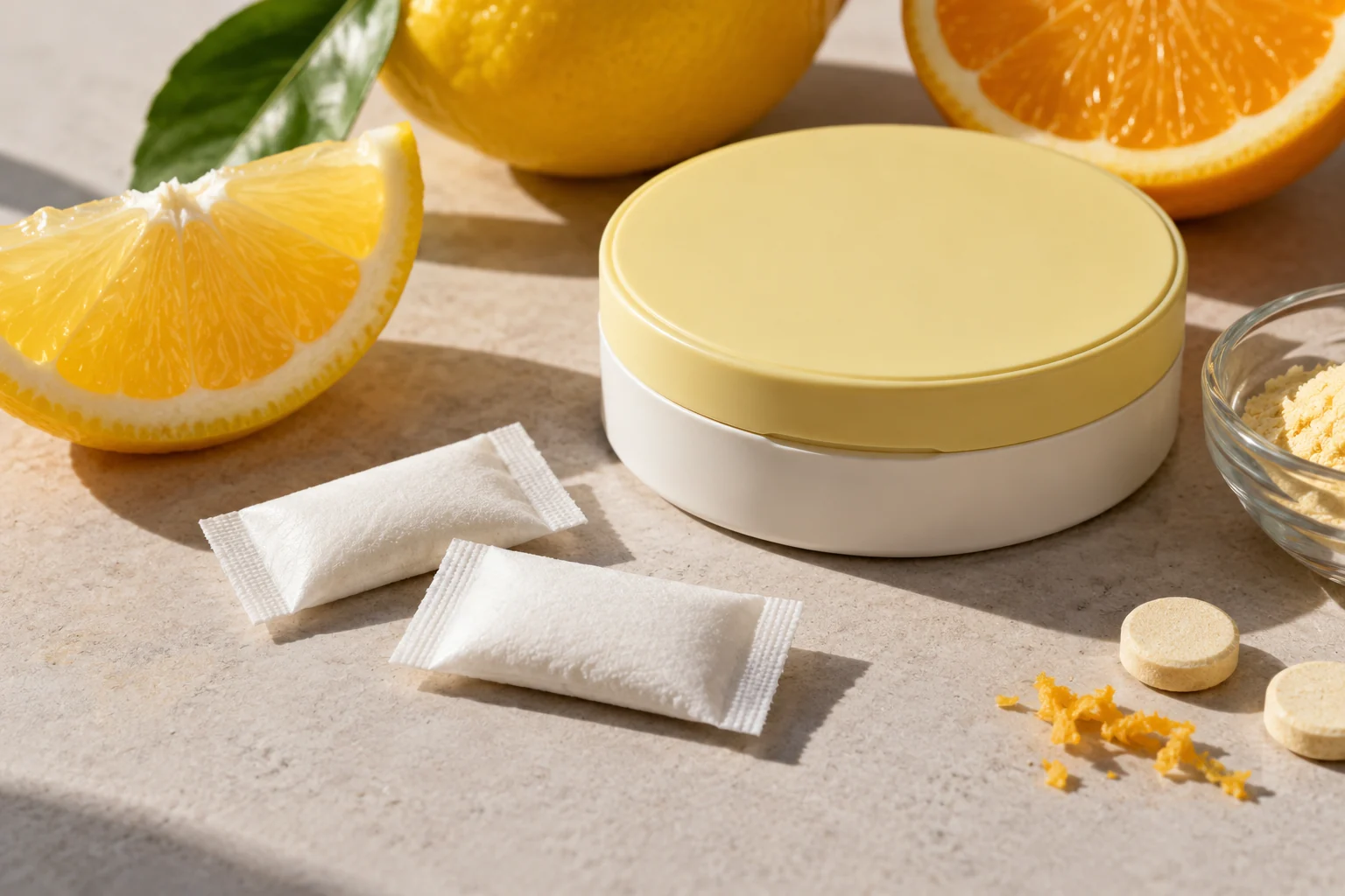 Editorial concept of slim white nonwoven vitamin pouches beside unbranded packaging